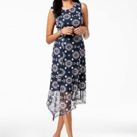 Alfani Berry Bliss Night Sky Sheath Dress Size 6P Blue Embroidered Asymmetrical - Picture 2 of 7